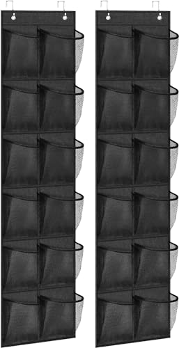MISSLO Hanging Shoe Rack 12 Large Mesh Pockets Narrow Shoe Storage Over Door Shoe Organizer for Wardrobe Organiser Tidy with Hanger Black