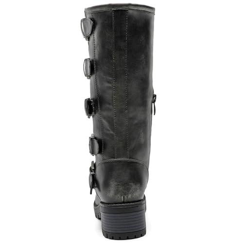 Image of GLOBALWIN Chunky Mid Calf Fashion Dressy Motocycle Biker Military Style Combat Boots for Women Low Heel