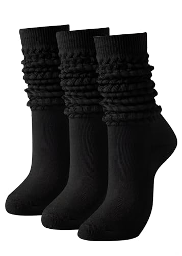 Sofvoyami Womens Slouch Socks-Cotton Blend Scrunch Crew Socks Retro 80s Style Thigh High Boot Socks for Casual Wear (Black black black)