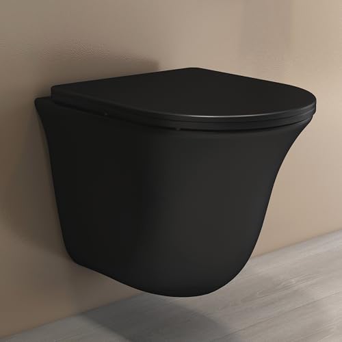 Image of Plantex Ceramic Rimless Commode for Toilet /Western Commode /Wall Hung Commode with Soft Closing Toilet Seat - P Trap (Matt Black)