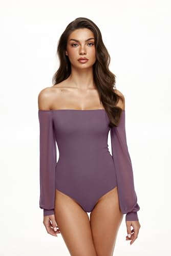 REORIA Womens Going Out Off The Shoulder Sheer Mesh Puff Long Sleeve Thong Bodysuit Tops Gray Purple X-Small — view 3