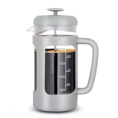 Easyworkz Cafetera de prensa francesa 1000 ml con vidrio de borosilicato y mango suave, color gris claro