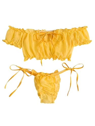 Image of Lilosy Sexy Stretch Ruffle Tie Sheer Mesh Lingerie Set Outfits