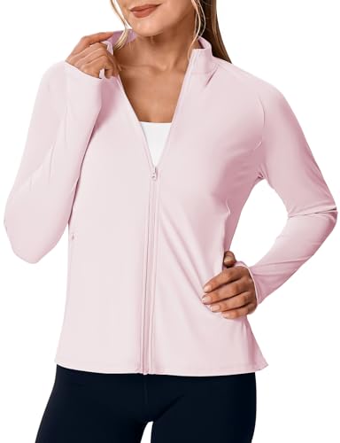 Rdruko Womens UPF 50+ Lightweight Athletic Jackets Sun Protection Full Zip Long Sleeve Packable Workout Shirts Running Light Pink XL