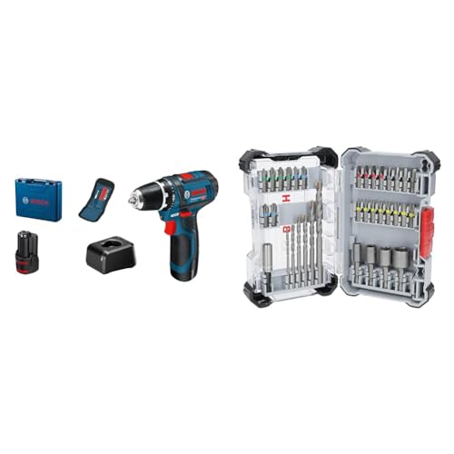 Bosch Professional 12V System Akkuschrauber GSR 12V-15 (inkl. 2x2.0Ah Akku, Ladegerät GAL 12V-20) + 35x Extra Hard Schrauberbit‑ und CYL-3 Bohrer-Set, 35‑TLG. (197 x 110,5 mm, Zubehör)