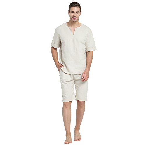 7 VEILS Mens Natural Linen Summer Pajama Set Casual Cotton V Neck Short Sleeve Sleepwear Pj Set