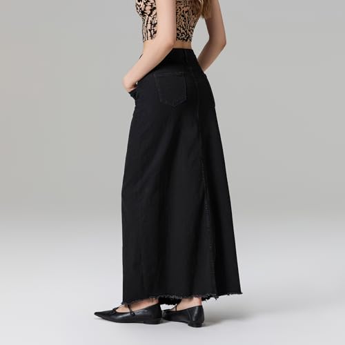 Women's Retro Denim Maxi Skirt Frayed Raw Hem Long Jean Skirt Y2K Fashion A-Line Maxi Denim Skirt with Pockets4