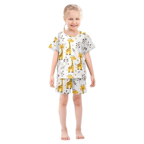 ALAZA Giraffe Cartoon Leaves Pajamas Short Sleeve 2 Piece Sleepwear Top and Bottom Pajama Set Unisex3