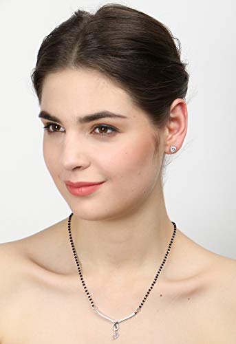Image of Clara 925 Sterling Silver Mila Mangalsutra Earring Chain Jewellery Set | Rhodium Plated | Swiss Zirconia | Gift for Wife