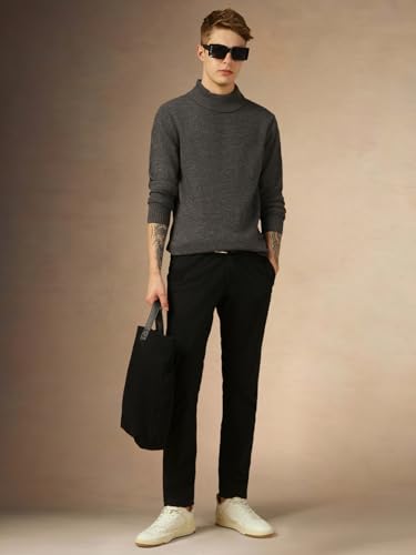 Image of Dennis Lingo Men Grey Solid Slim Fit Full Sleeve Turtle Neck Pullover