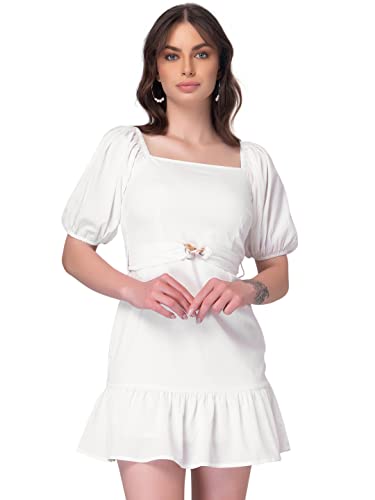 Indya White Puff Sleeve Dress with Belt Deal