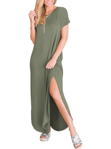 ANRABESS Womens Summer Maxi Dress Short Sleeve Casual Loose Long T Shirt Dresses Split Vacation Beach Sundress Travel Outfits Olive Large