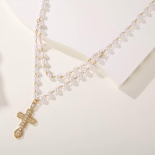 Pearl Necklaces for Women,Dainty Gold Cross Necklace Layered Pearls Choker Gothic Cross Necklace Beaded Pearl Chain Trendy Faith Pendant Jewelry Gift for Chrismas4