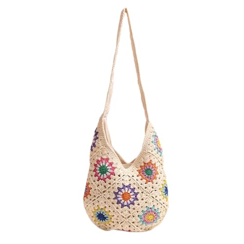 Women Knitted Shoulder Bag Beach Handbag Purse Colorful Flowers Crossbody Female Crochet Vacation