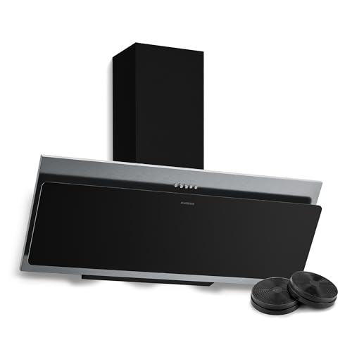 Klarstein Alessia Hotte Aspirante 90 cm - Hotte Décorative Inclinée, 404 m³/h, A+++, LED, 3 Vitesses & Boost, Filtre Charbon, Inox & Verre Noir, Recyclage...