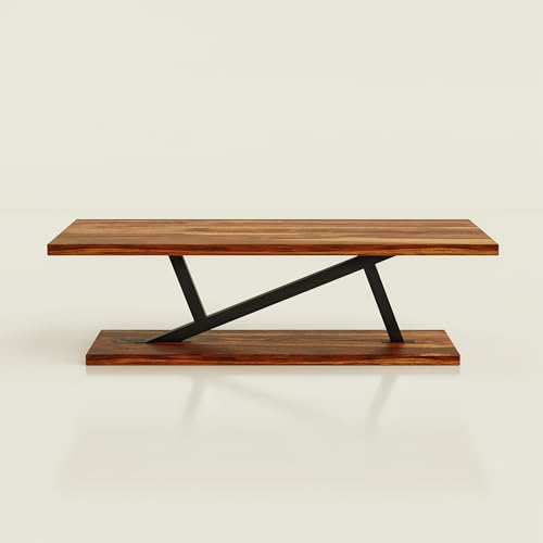 Image of Coffee Table /Centre Table /Tea Table Racktangle Solid Sheesham Wood top with Black Metal Frame, Z - Shape Sofa Table Living Room,Office, Dining,Bedroom, Sofa Side, Home Decor Brown