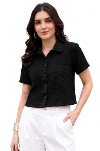Image of Zilcon Women's Textured Polo Collar Shirt | Short Sleeve Button-Down Casual Crop Top | Soft Stretch Everyday Fashion Shirt