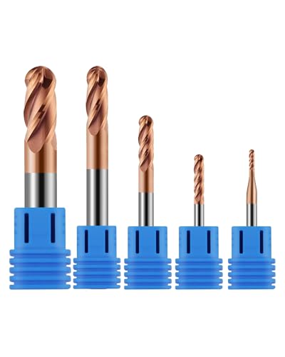 Image of 1 /16 inch 1 /8 inch 3 /16 inch 1 /4 inch 3 /8 inch Carbide End Mills Set, 4 Flute, TISIN Coated, Ball Nose End Mill Bits for Steel, CNC Router Bits, Center Cutting