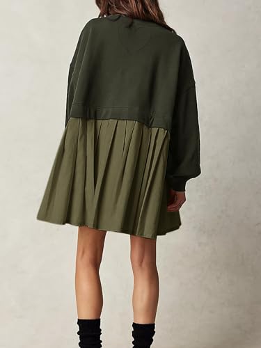Image of Dokuritu Sweatshirt Dress Women Crew Neck Long Sleeve Patchwork Pullover Tops Flowy Oversized Sweatshirt Mini Dress