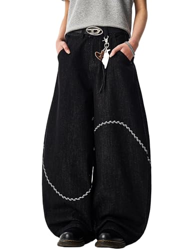 Men Hip Hop Baggy Jeans Wide Leg Black Jeans Vintage Skateboard Pants Loose Fit Straight Leg Skater Y2k Denim Pants