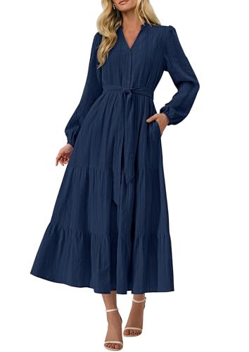 PRETTYGARDEN Womens Fall Maxi Dresses 2025 Casual Long Sleeve V Neck Button Down Flowy A Line Tiered Shirt Dress with Pockets