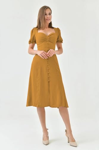 Image of Shasmi Girl's & Women's Solid Midi Dress - Elegant Square Neck Button-Down Dress with Puff Short Sleeves | Stylish Casual & Party & Office Wear Outfit (Dress 105)