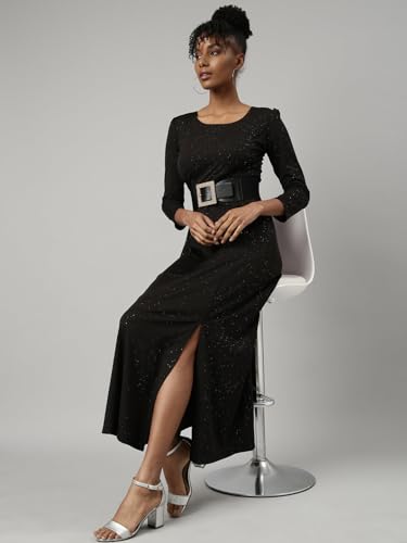 Image of SHOWOFFFF Women Solid A-Line Party Dress | Round Neck 3 /4th Sleeves Nylon Dress for Womens | Maxi Dress for Women's