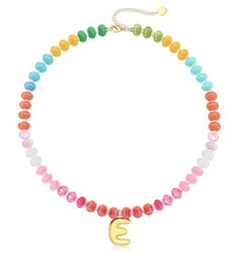 Initial Necklaces for Women, Beaded Necklaces for Women with Bubble Necklace Letter Stocking Stuffers for Teens Trendy Stuff Colorful Gemstone Choker 14k Gold Letter A-Z Pendant Summer Beach Christmas Birthday Jewelry for Her Girlfriend Sister