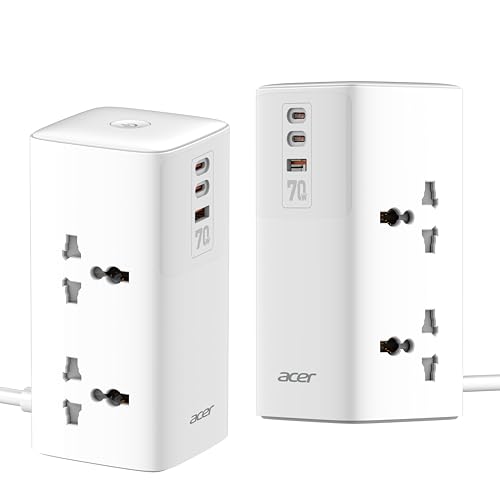 Image of Acer PowerHub Tower | AC Socket + 4 USB Ports (2 Type-C PD + 2 Type-A) | 70W Fast Charging, 2500W Output | Desktop Power Adapter | Surge Protection | Travel Ready | Overload Protection