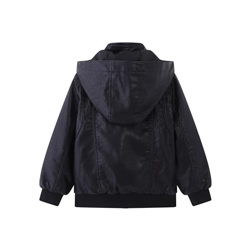 Image of Kids Faux Leather Biker Jacket with Detachable Hood - Moto Coat for School, Zipper Closure, for Boys & Girls 4-12Y
