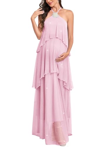 Image of AISWI Maternity Halter Neck Maxi Dress Sparkly Mesh Tiered Ruffle Pregnancy Gown with Flower for Baby Shower Photoshoot