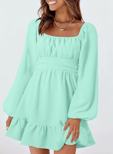 Image of Dokotoo Womens Dress Lantern Sleeve Elastic Waist Tie Backless Mini Dress | Square Neck,Off Shoulder,Flowy,Ruffle A-Line,Casual,Mini Dress,Beach Vacation Clothes,Fall Outifits,Wedding Guest,Boho