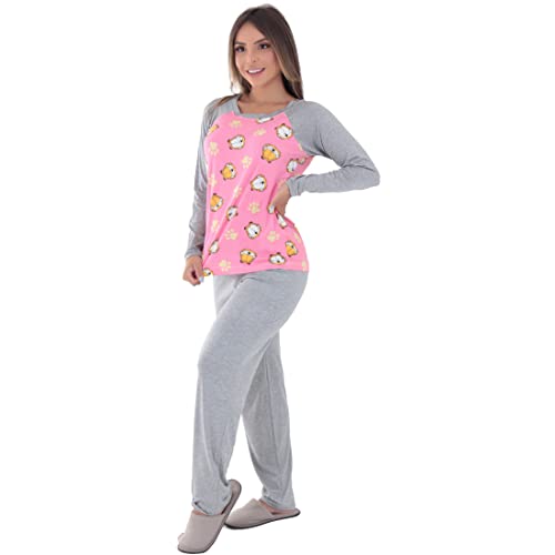 KIT 2 PIJAMAS DE INVERNO MANGA LONGA BICOLOR FEMININO MAIS BONITA (G, Minnie/Garfield Rosa)