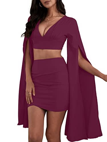 LYANER Women's 2 Piece Outfits Cloak Long Sleeve Crop Top and Ruched Mini Skirt Set4