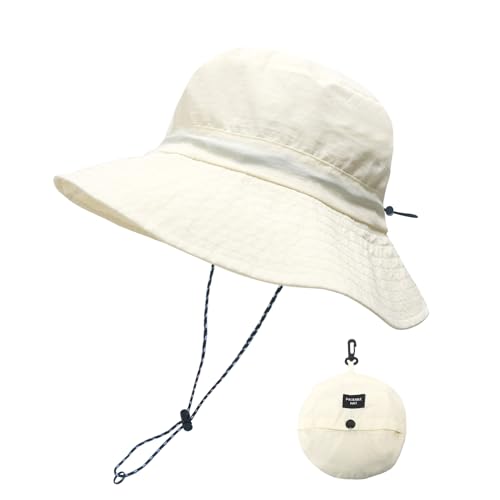 PFFY Quick Dry Waterproof Packable Bucket Hat for Women Men Outdoor Sun Hats with Detachable Chin Strap Beige