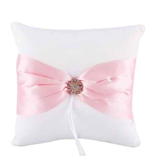 DOKRIN Cojines para anillos,Almohada para anillos con lazo rosa y diamantes de imitación de 10 cm, almohada para anillos de novia, artículos para boda