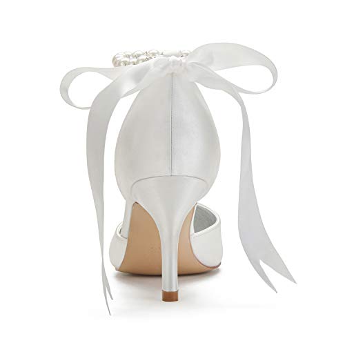 Women Wedding Shoes for Bride High Heels Bridal Shoes Pointed Toe Ribbon Tie Pearl Satin Prom Party Dress Pumps Sandals4
