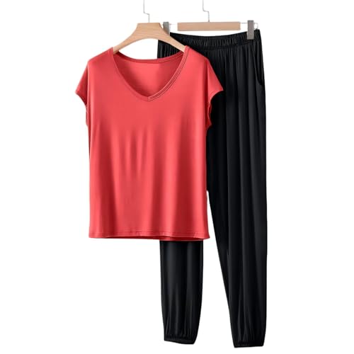 Image of HGps8w Women's Modal Soft Summer Pajamas Sets, Loose V Neck Short Sleeve Top Joggers Pants Matching 2 Piece Lounge Outfits