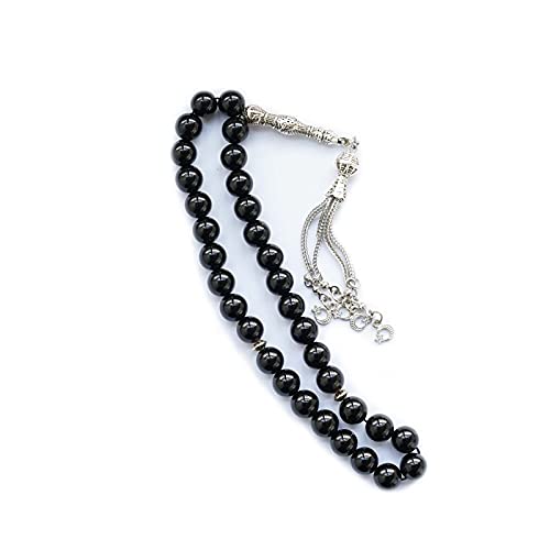 MIACIA 10mm Tasbih Prayer Beads Natural Black Agate Stone Islamic Misbaha Prayer Rosary Beads Muslim Islam Misbaha Bracelet Moon Tasbeeh Sibha 33 Prayer Beads Hand Bracelets, 10mm, Glass, Agate