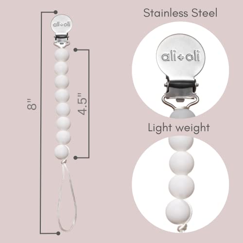 Image of Ali+Oli Silicone Pacifier Clip for Baby (White) 100% Food-Grade BPA Free Newborn Pacifier Holder Infant Binky Clip for Baby Boy or Girl | Food-grade material, Keeps soothers within reach, Secure attachment, Lightweight, Everyday use, Easy cleaning