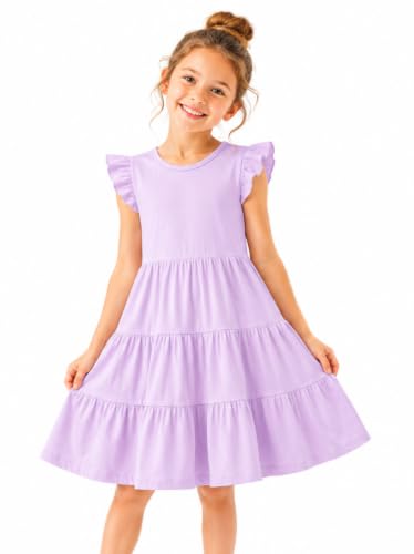 Image of HILEELANG Girls Cotton Tiered Dress Flutter Ruffle Sleeve Summer Swing Sundress Birthday Party Casual Outfit Colorblock 2-12Y