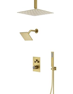 CRANACH Bath&Kitchen CROZET Thermostatic Shower System with 12-inch and 6-inch Rain Shower Head, Push Button Diverter, Brushed Gold (Valve Included)