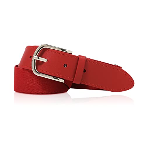 AWAYTR Adult and Youth Baseball Belt - Elastic Adjustable Softball Uniform Belts for Kids Boys and Girls (Silver-Red Youth: fit waist 20 - 34 (Rec 4-15yrs))
