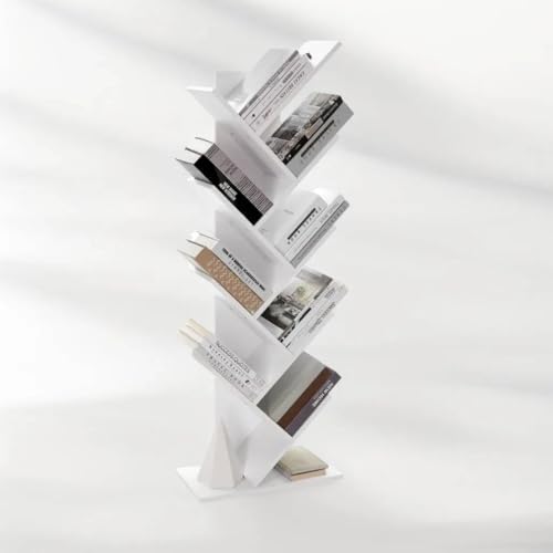 Image of Furniture Cafe Modern Tree-Shaped Bookshelf - 9-Tier Vertical Book Rack Organizer for Living Room, Bedroom, or Office (White)