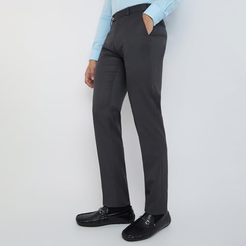 Image of Raymond Men Slim Fit Solid Pattern Poly Viscose Blend Pleatless Formal Trouser