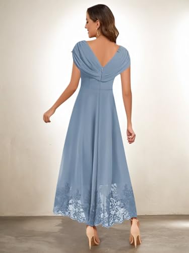 Tea Length Mother of The Bride Dresses for Wedding Lace Applique Cap Sleeve Sequin Formal Evening Dresses for Women Elegant3