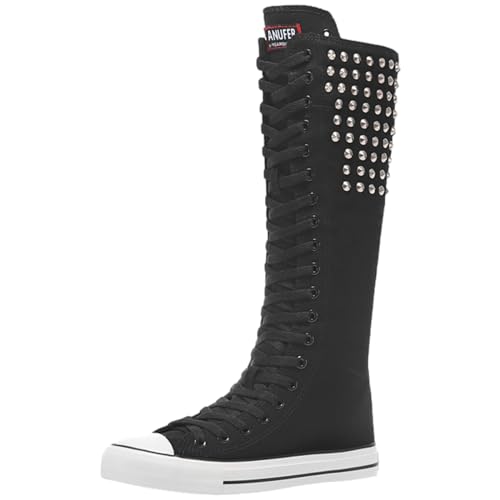 Image of ANUFER Women Fashion Canvas Dance Boots Knee High Bicycling Boots Girls Fancy School Shoes