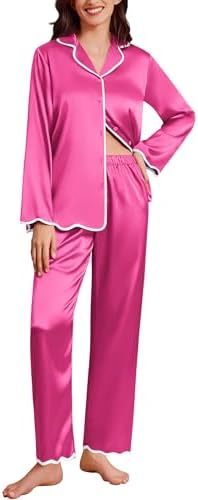Ekouaer Silk Pajamas Set Long Sleeve Satin Pajama Sets 2 Pieces Button Down Pjs Ruffle Hems Pj Sets for Women