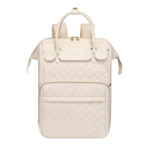 MOSISO Laptop Backpack for Women Men, 15-15.6 inch Rhombus Quilted Flight Approved Travel Backpack with PU Handle, 16 inch Carry on Daypack with USB Port for College Work Business, Beige