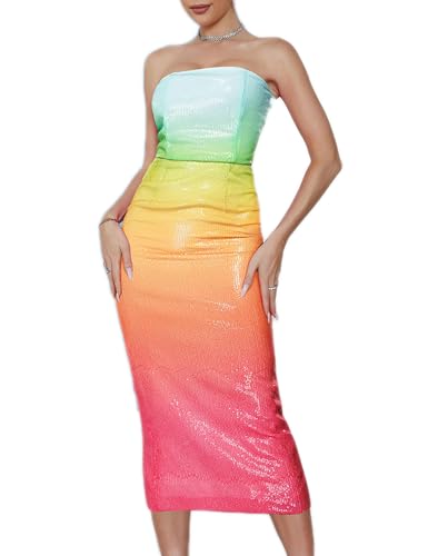 Amazon.com: Rainbow Strapless Formal Dress Sequin Maxi Dress Back Slit Prom  Evening Gowns Cocktail Party Dresses,S : Clothing, Shoes & Jewelry